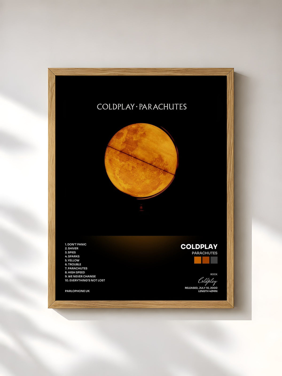 #bois Tableau de l'album Parachutes de Coldplay, cadre en bois brut, imprimé et encadré en France