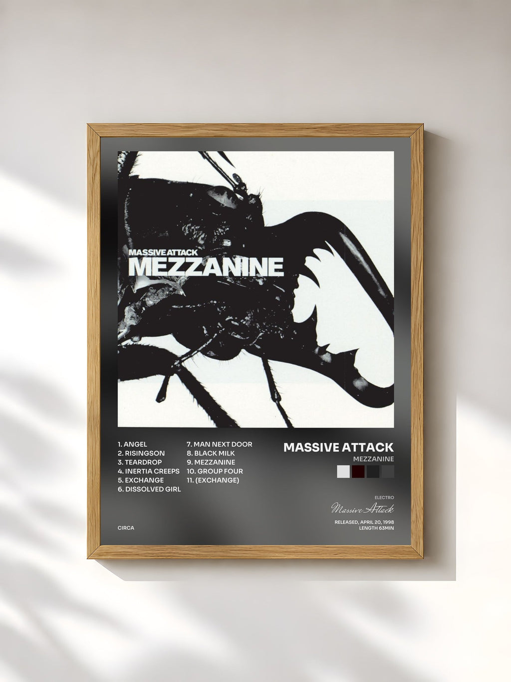 #bois Tableau de l'album Mezzanine de Massive Attack, cadre en bois brut, imprimé et encadré en France