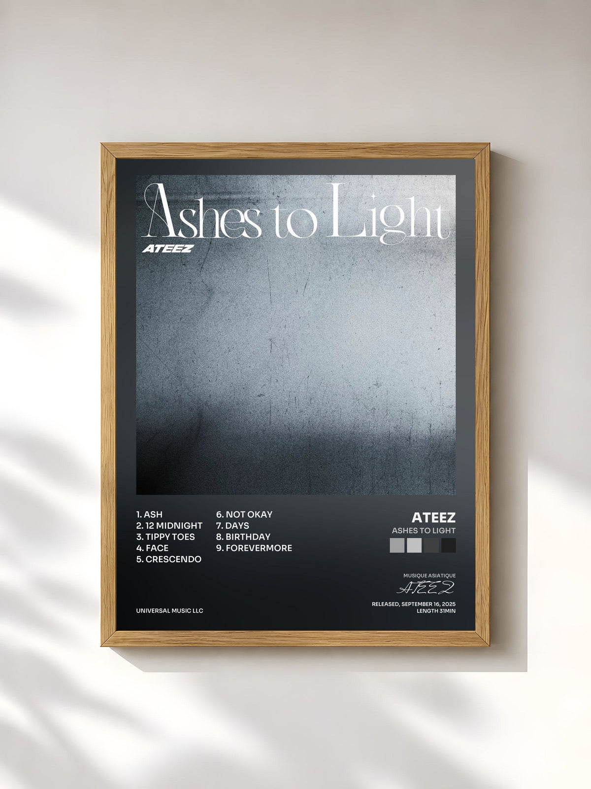 #bois Tableau de l'album Ashes to Light de ATEEZ, cadre en bois brut, imprimé et encadré en France