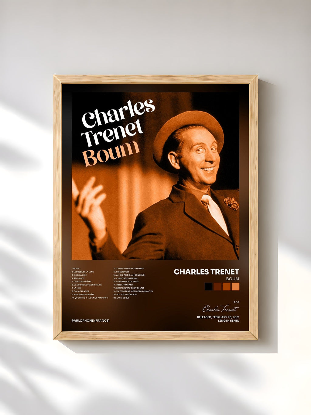 #bois Tableau de l'album Boum de Charles Trenet, cadre en bois brut, imprimé et encadré en France