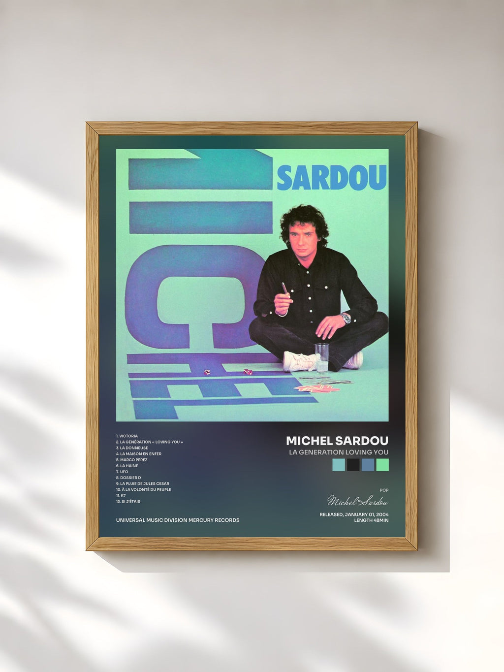 #bois Tableau de l'album La Generation Loving You de Michel Sardou, cadre en bois brut, imprimé et encadré en France