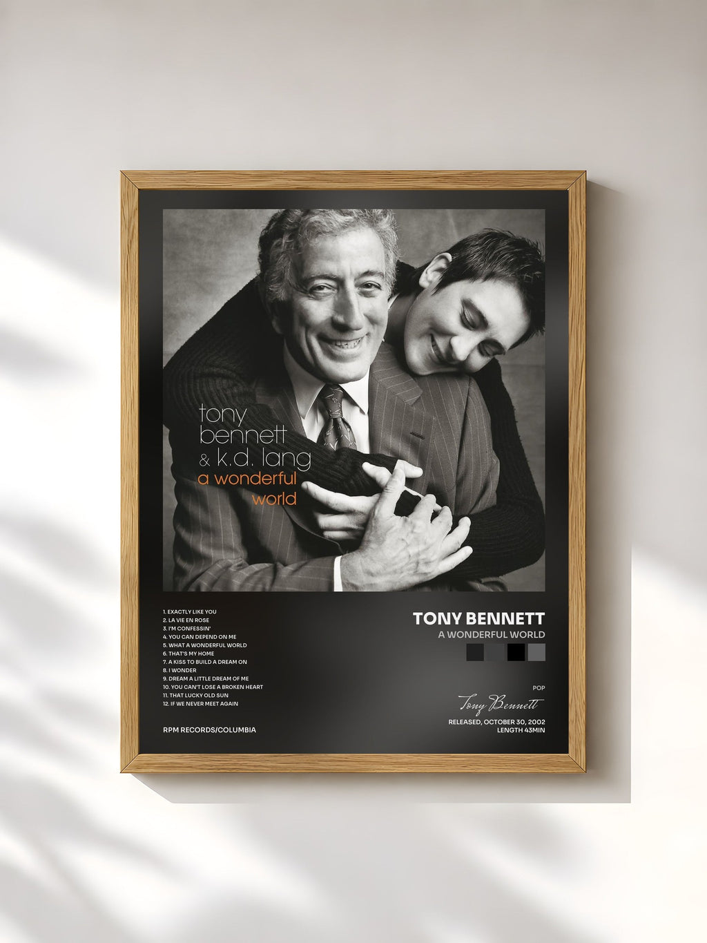 #bois Tableau de l'album A Wonderful World de Tony Bennett, cadre en bois brut, imprimé et encadré en France