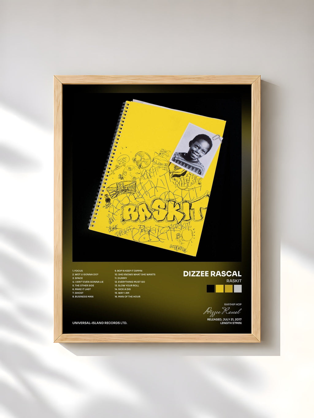 #bois Tableau de l'album Raskit de Dizzee Rascal, cadre en bois brut, imprimé et encadré en France
