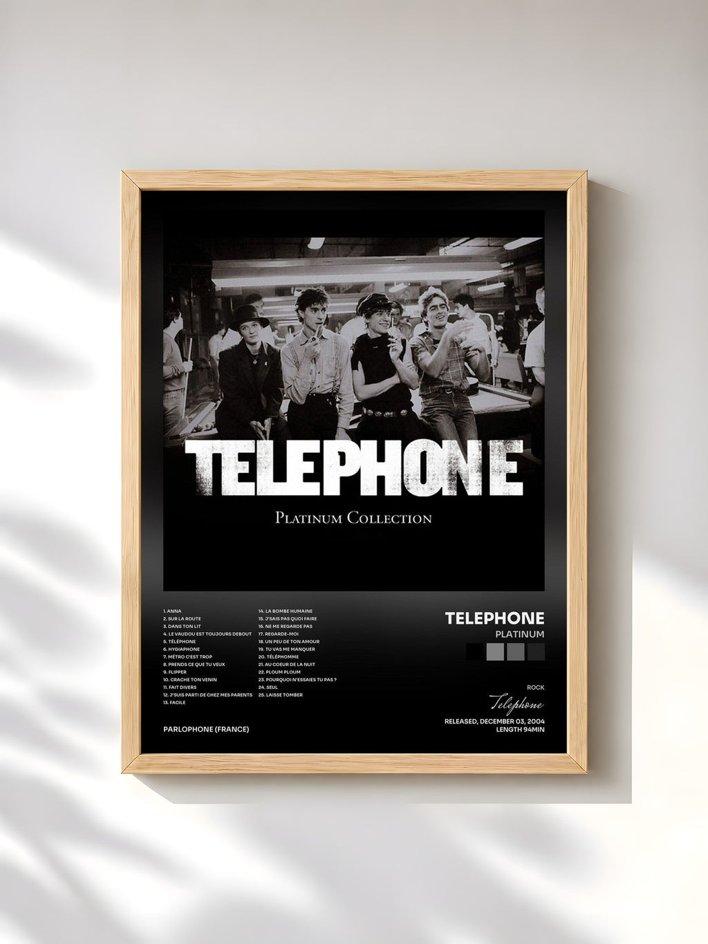 #bois Tableau de l'album Platinum de Telephone, cadre en bois brut, imprimé et encadré en France