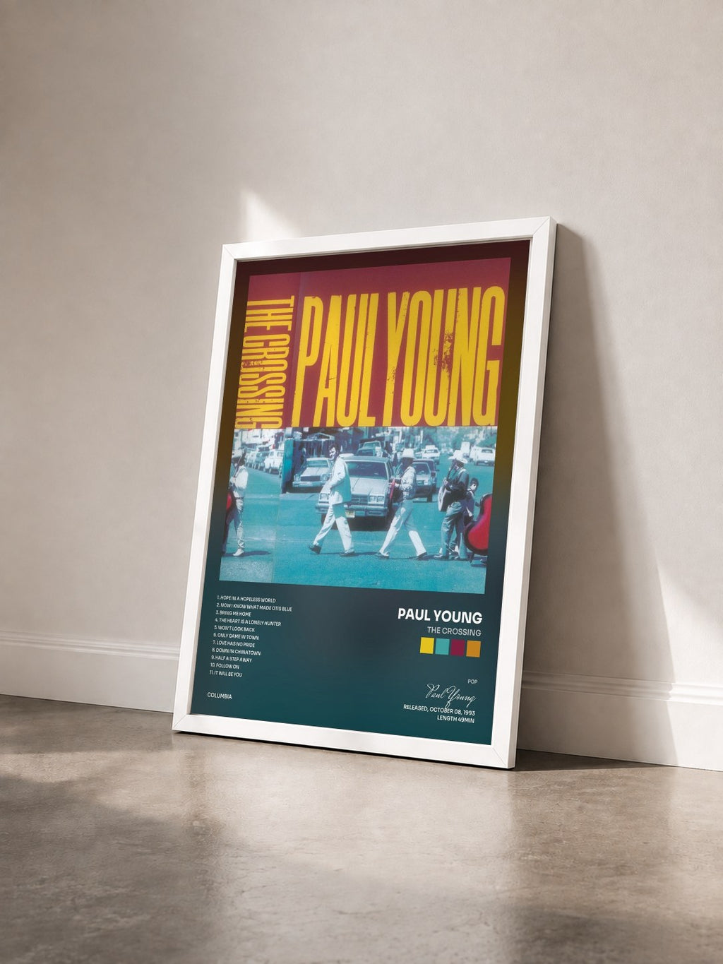 #blanc Tableau de l'album THE CROSSING de Paul Young vu de trois quarts, cadre blanc