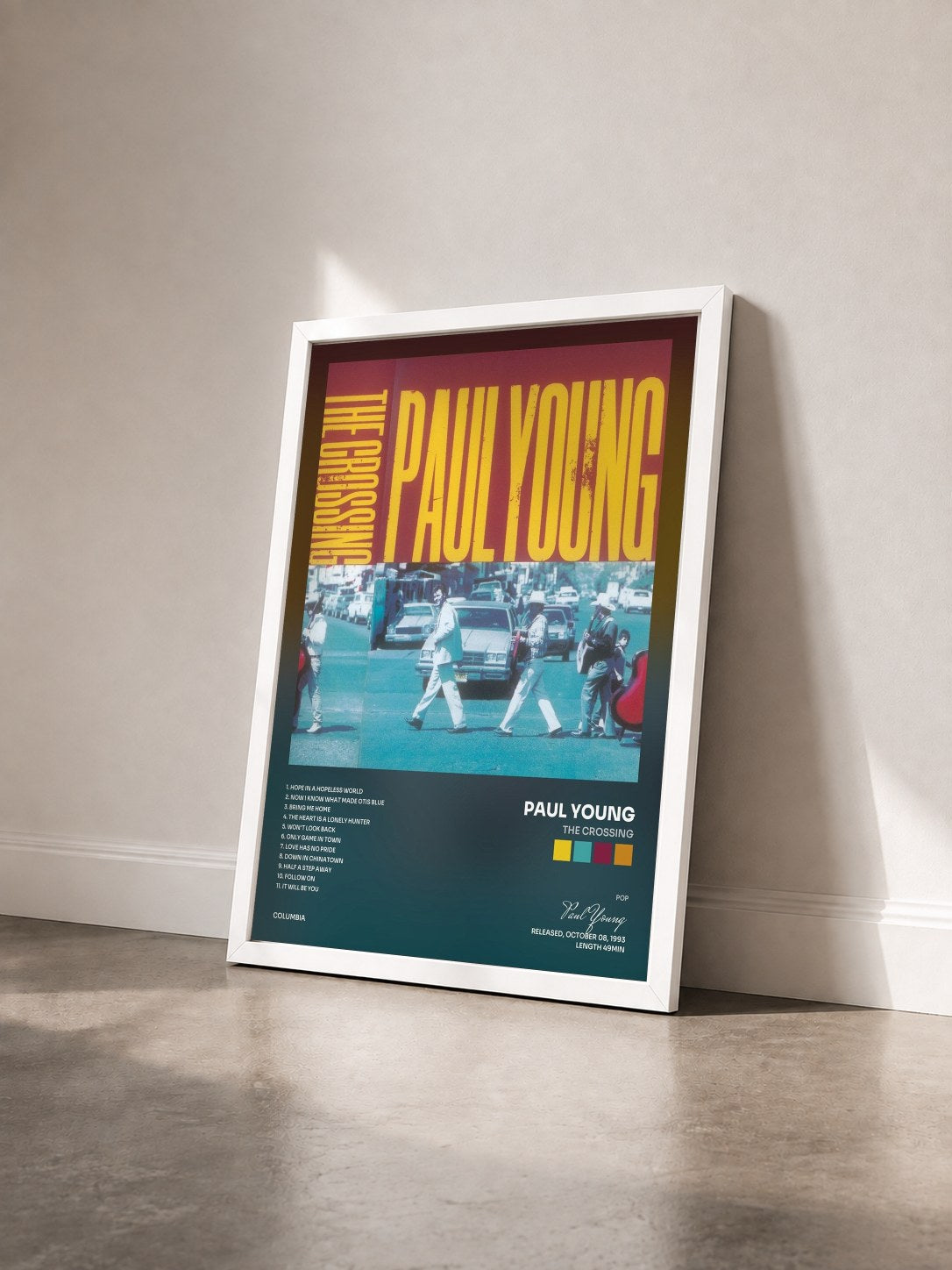 #blanc Tableau de l'album THE CROSSING de Paul Young vu de trois quarts, cadre blanc