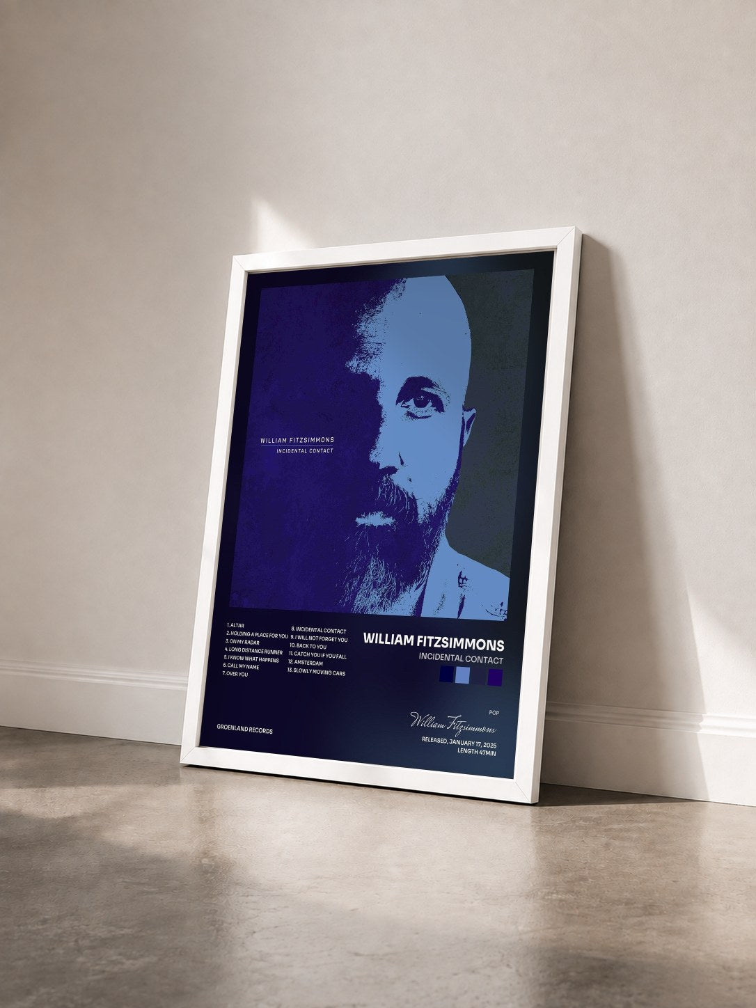#blanc Tableau de l'album Incidental Contact de William Fitzsimmons vu de trois quarts, cadre blanc