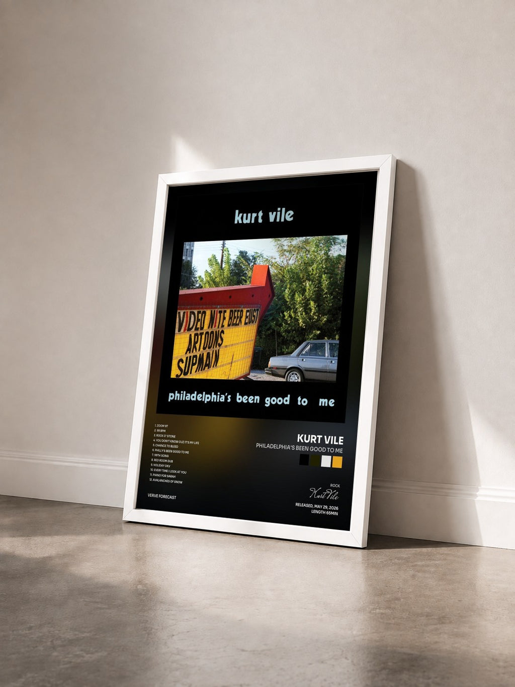 #blanc Tableau de l'album Philadelphia's been good to me de Kurt Vile vu de trois quarts, cadre blanc