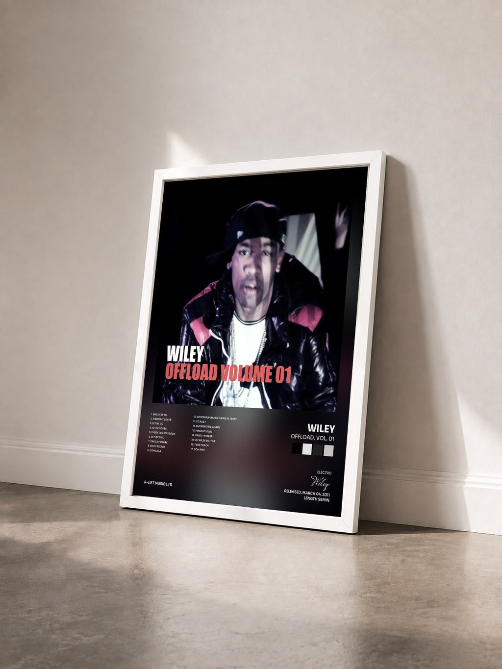 #blanc Tableau de l'album Offload, Vol. 01 de Wiley vu de trois quarts, cadre blanc