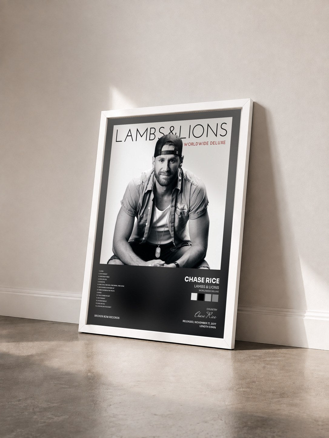 #blanc Tableau de l'album Lambs & Lions (Worldwide Deluxe) de Chase Rice vu de trois quarts, cadre blanc