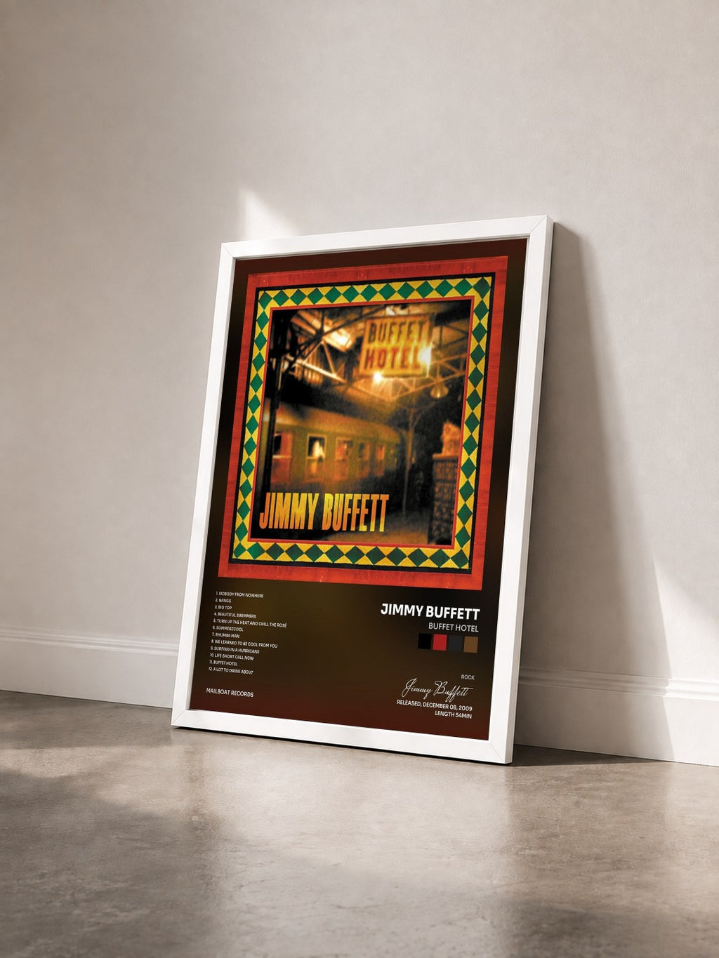 #blanc Tableau de l'album Buffet Hotel de Jimmy Buffett vu de trois quarts, cadre blanc