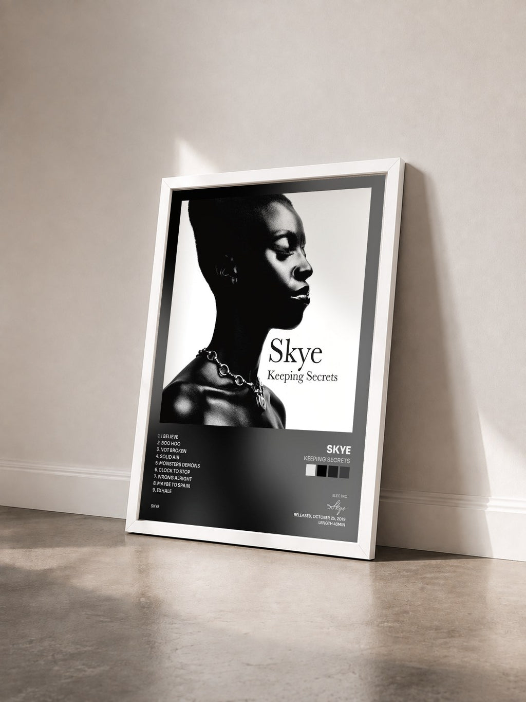 #blanc Tableau de l'album Keeping Secrets de Skye vu de trois quarts, cadre blanc