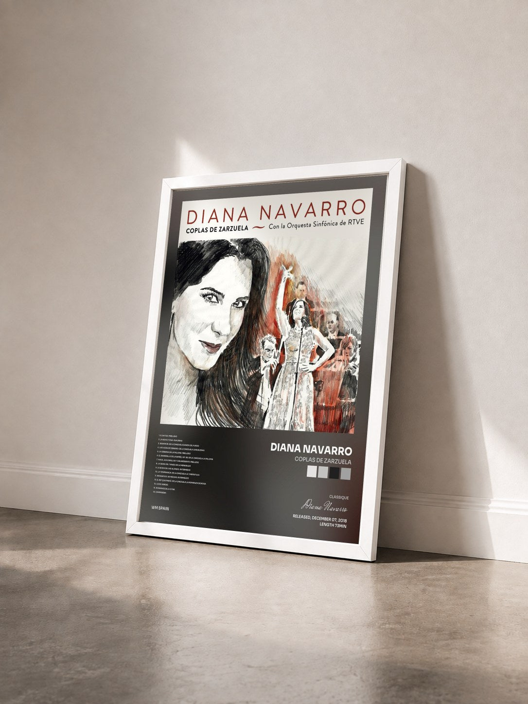 #blanc Tableau de l'album Coplas de Zarzuela de Diana Navarro vu de trois quarts, cadre blanc