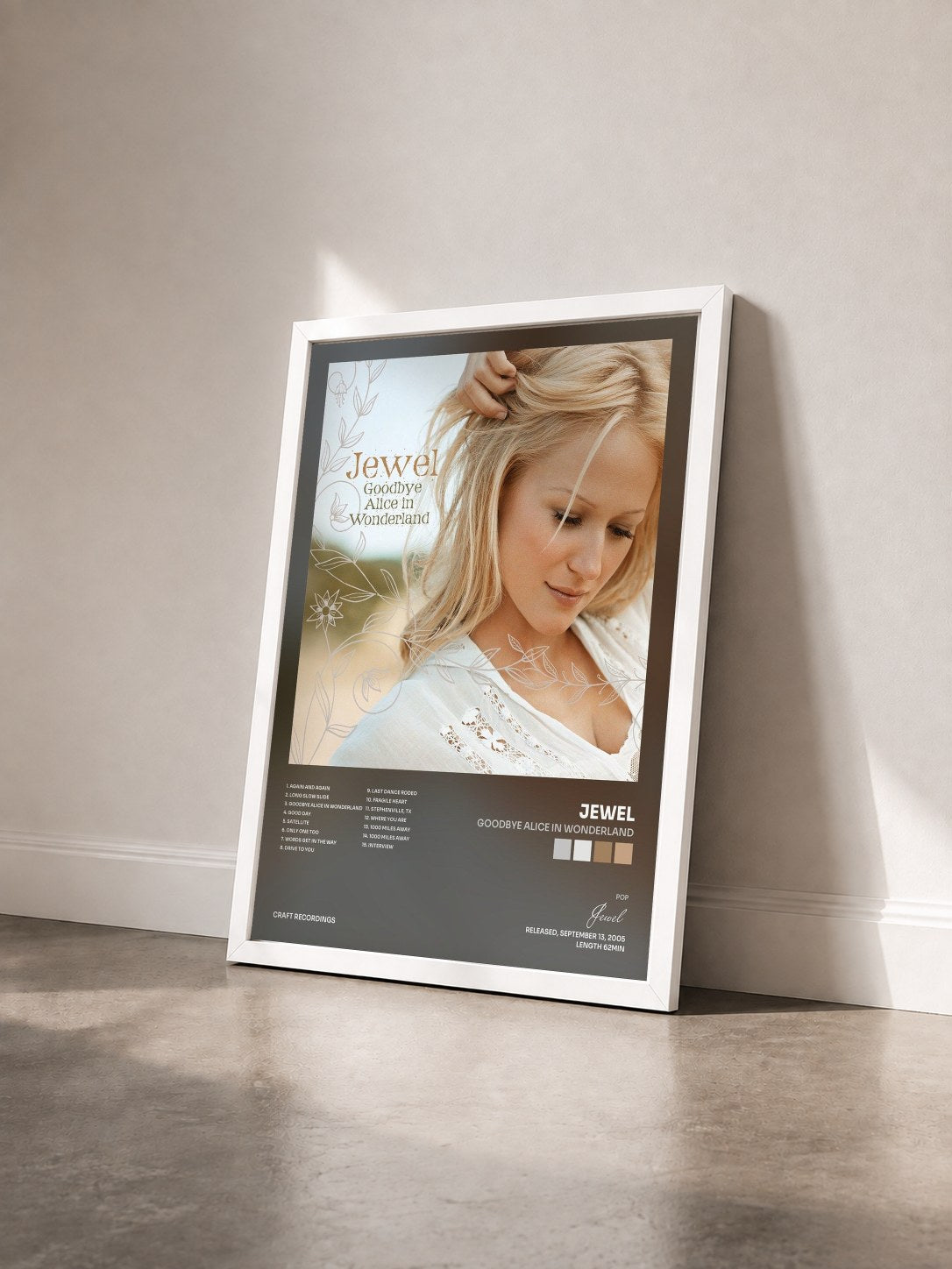 #blanc Tableau de l'album Goodbye Alice In Wonderland de Jewel vu de trois quarts, cadre blanc