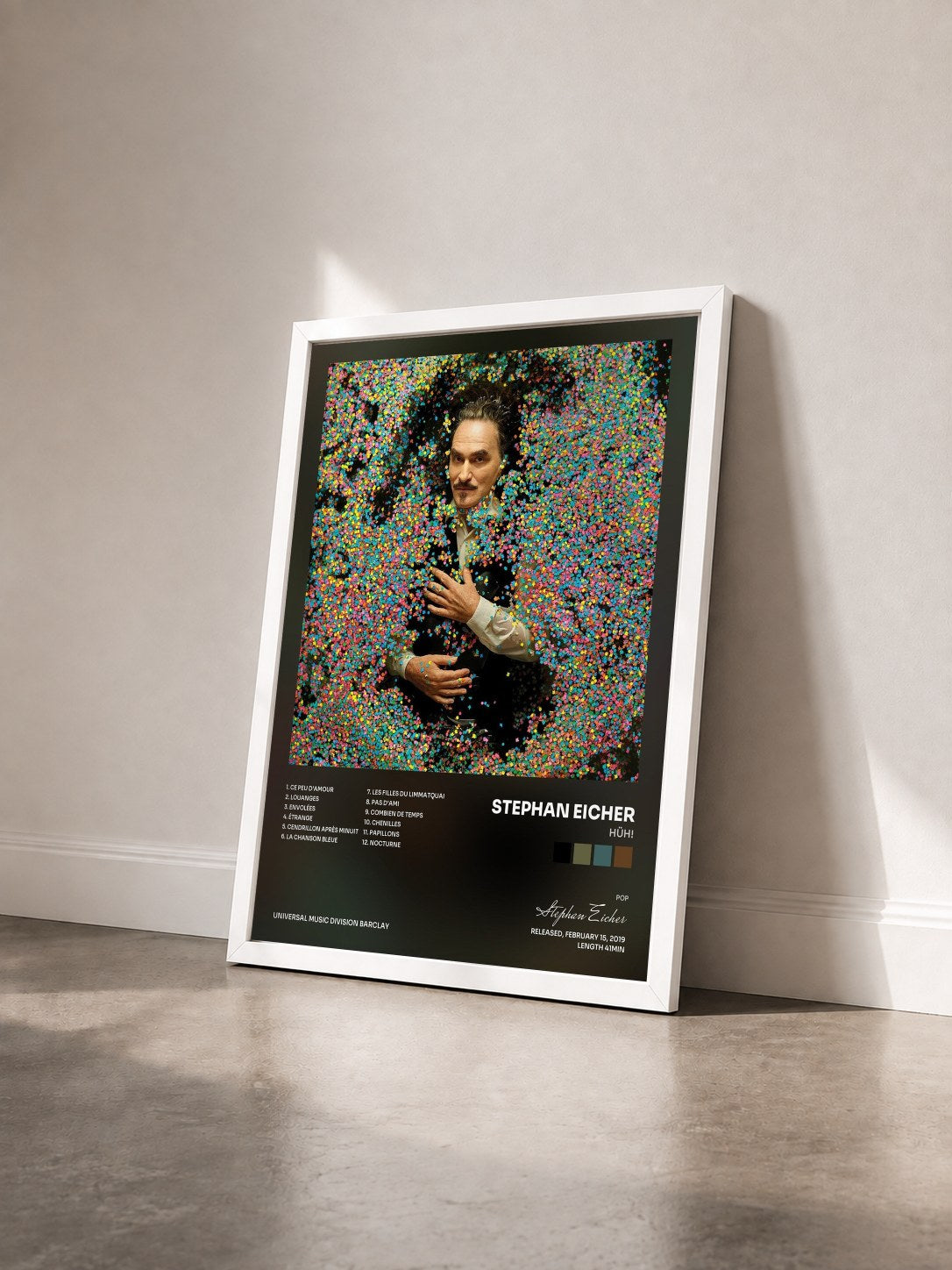 #blanc Tableau de l'album Hüh! de Stephan Eicher vu de trois quarts, cadre blanc