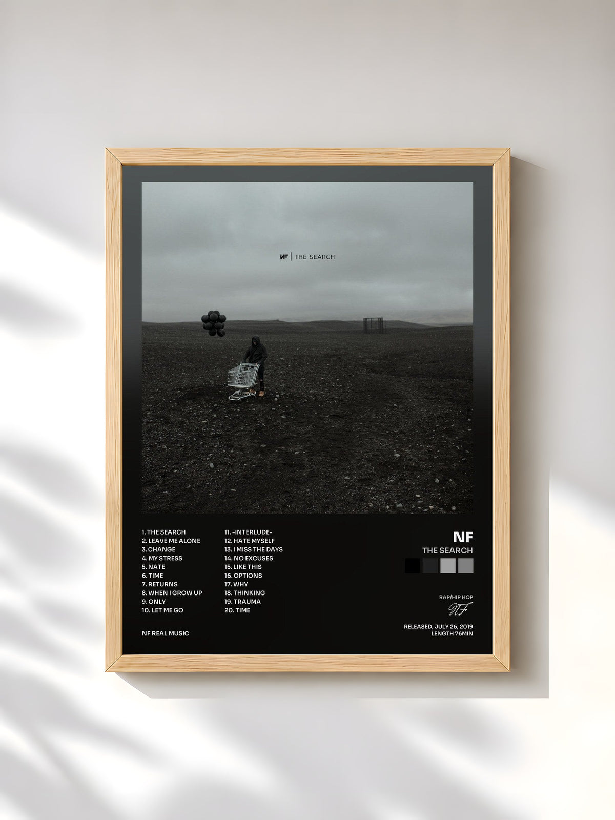 #bois Tableau de l'album The Search de NF, cadre en bois brut, imprimé et encadré en France