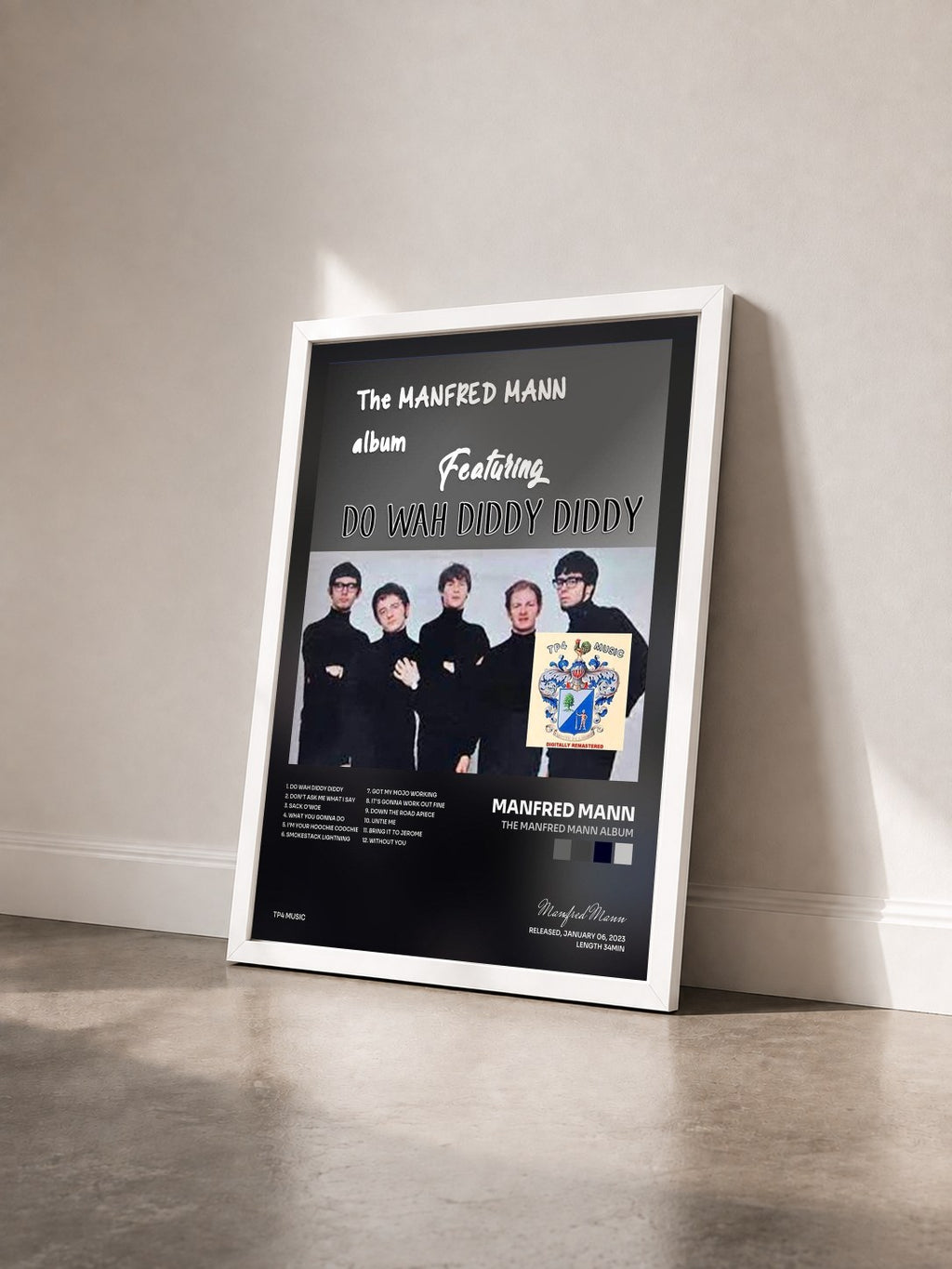 #blanc Tableau de l'album The Manfred Mann Album de Manfred Mann vu de trois quarts, cadre blanc