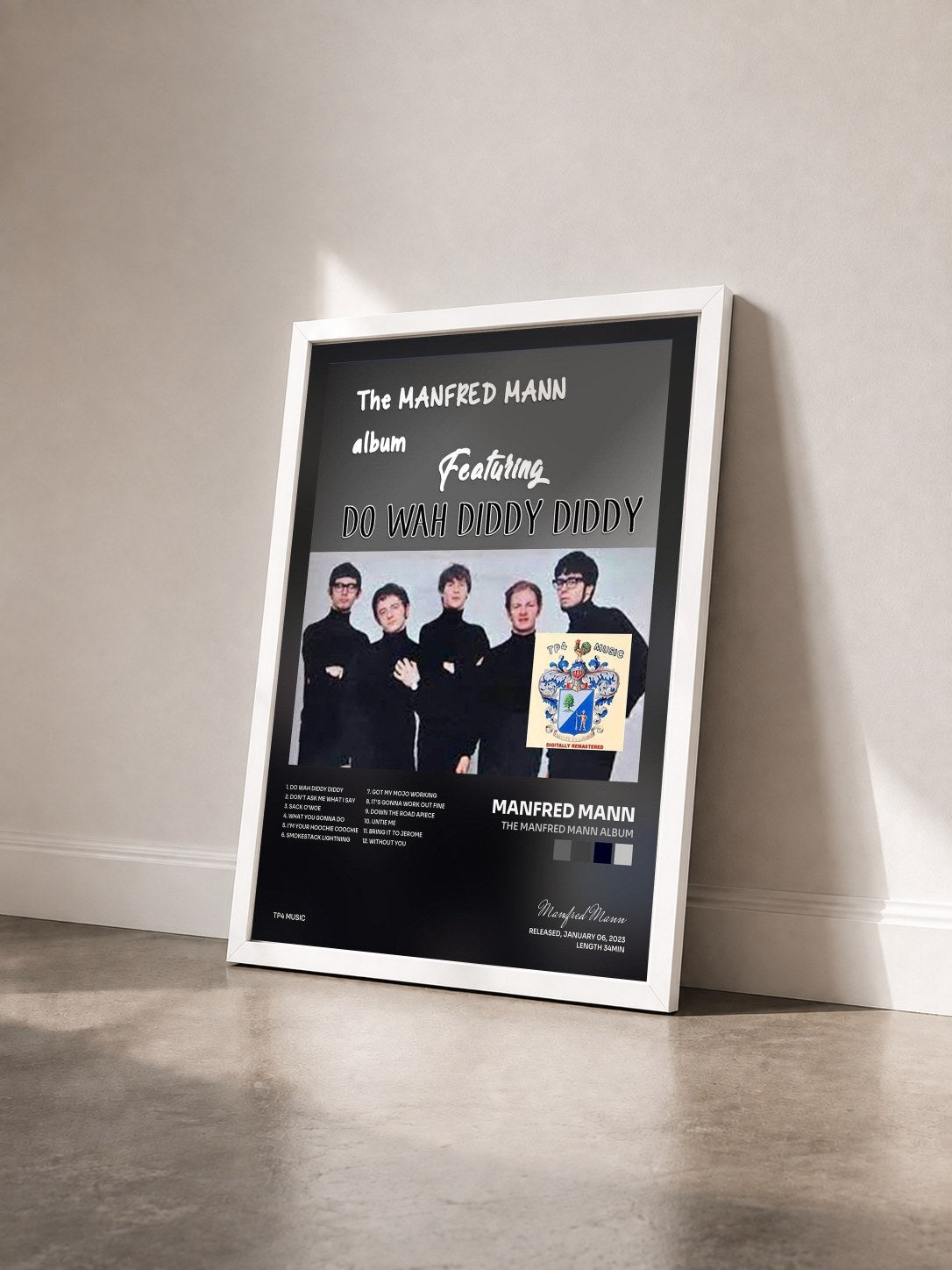 #blanc Tableau de l'album The Manfred Mann Album de Manfred Mann vu de trois quarts, cadre blanc