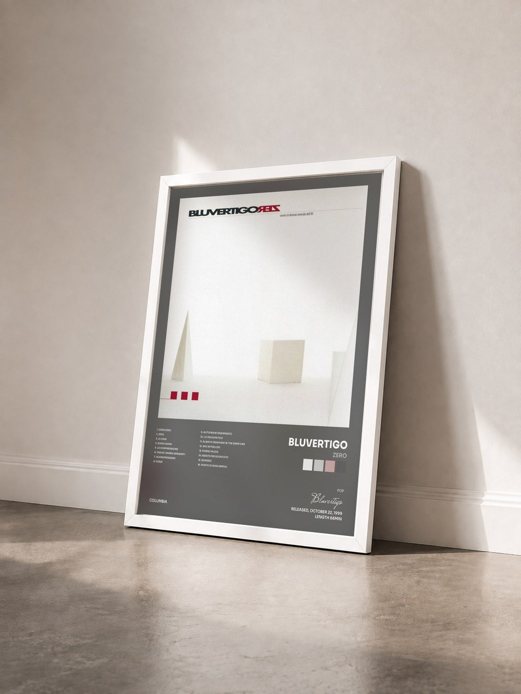 #blanc Tableau de l'album Zero de Bluvertigo vu de trois quarts, cadre blanc