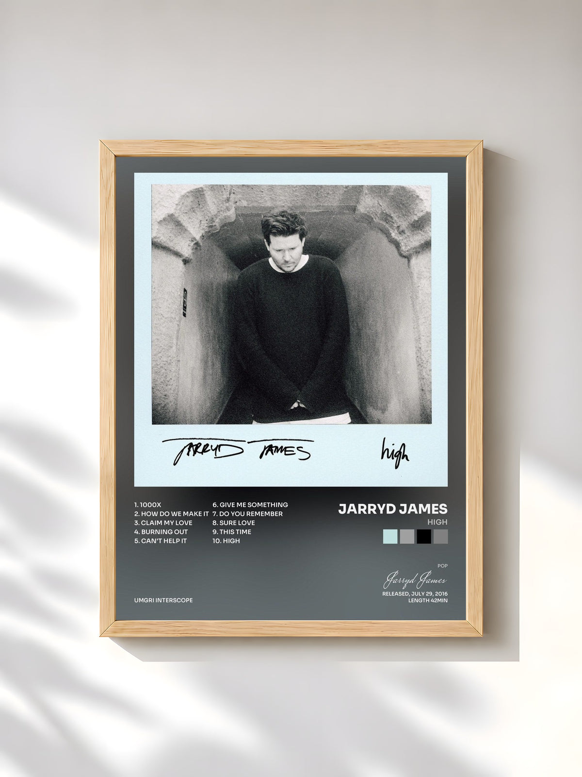 #bois Tableau de l'album High de Jarryd James, cadre en bois brut, imprimé et encadré en France