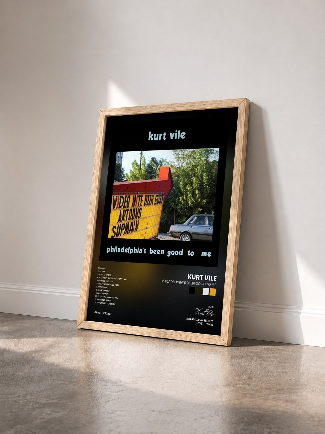 #bois Tableau de l'album Philadelphia's been good to me de Kurt Vile vu de trois quarts, cadre en bois brut