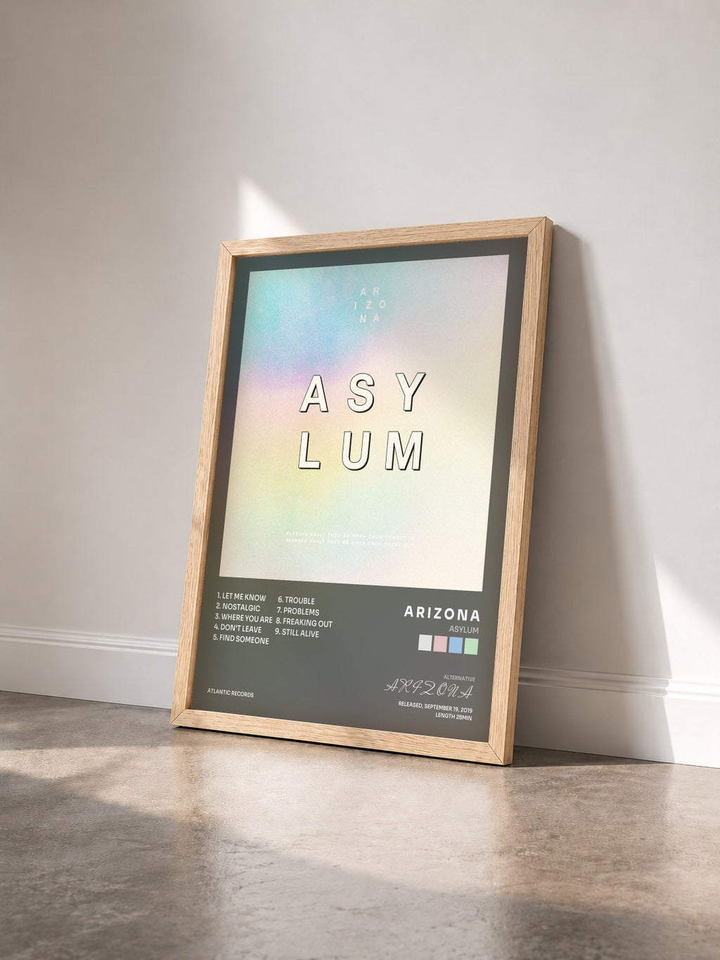 #bois Tableau de l'album ASYLUM de A R I Z O N A vu de trois quarts, cadre en bois brut