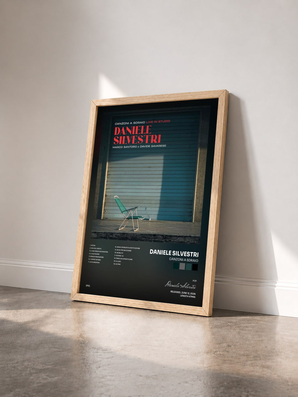 #bois Tableau de l'album Canzoni a sdraio de Daniele Silvestri vu de trois quarts, cadre en bois brut