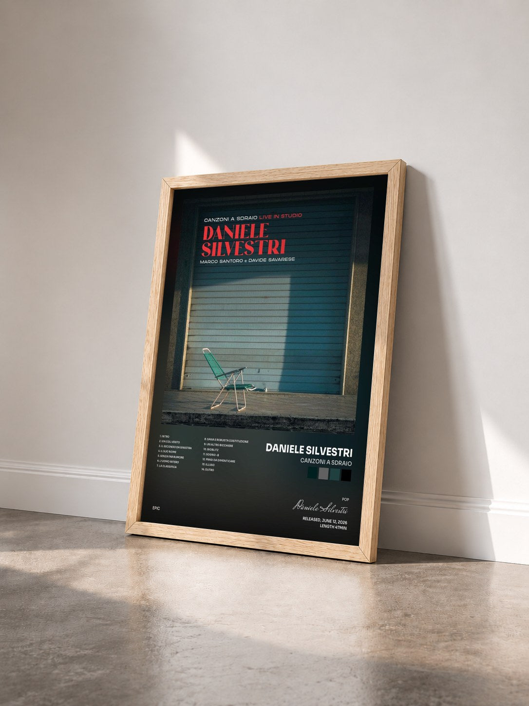 #bois Tableau de l'album Canzoni a sdraio de Daniele Silvestri vu de trois quarts, cadre en bois brut