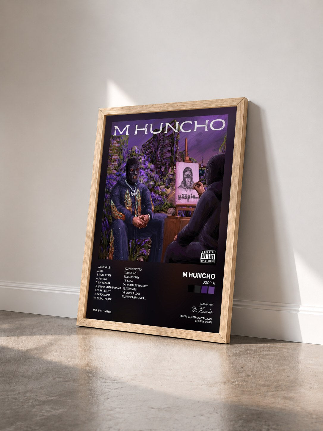 #bois Tableau de l'album U2OPIA de M Huncho vu de trois quarts, cadre en bois brut