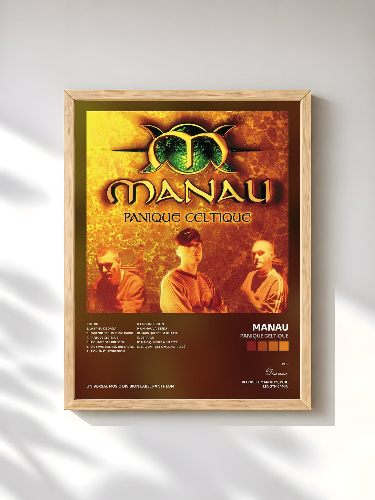 #bois Tableau de l'album Panique Celtique de Manau, cadre en bois brut, imprimé et encadré en France