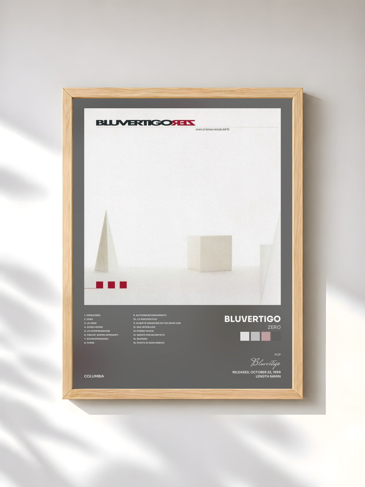#bois Tableau de l'album Zero de Bluvertigo, cadre en bois brut, imprimé et encadré en France