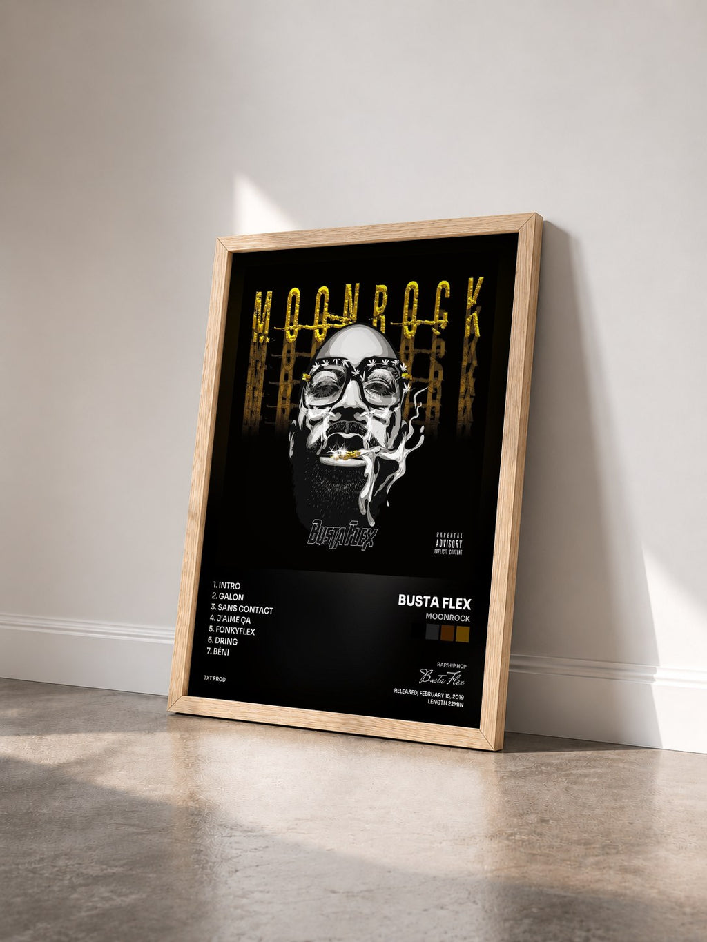 #bois Tableau de l'album Moonrock de Busta Flex vu de trois quarts, cadre en bois brut