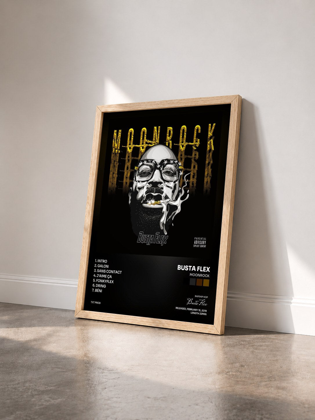 #bois Tableau de l'album Moonrock de Busta Flex vu de trois quarts, cadre en bois brut