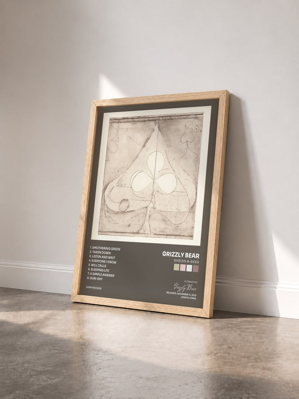 #bois Tableau de l'album Shields: B-Sides de Grizzly Bear vu de trois quarts, cadre en bois brut