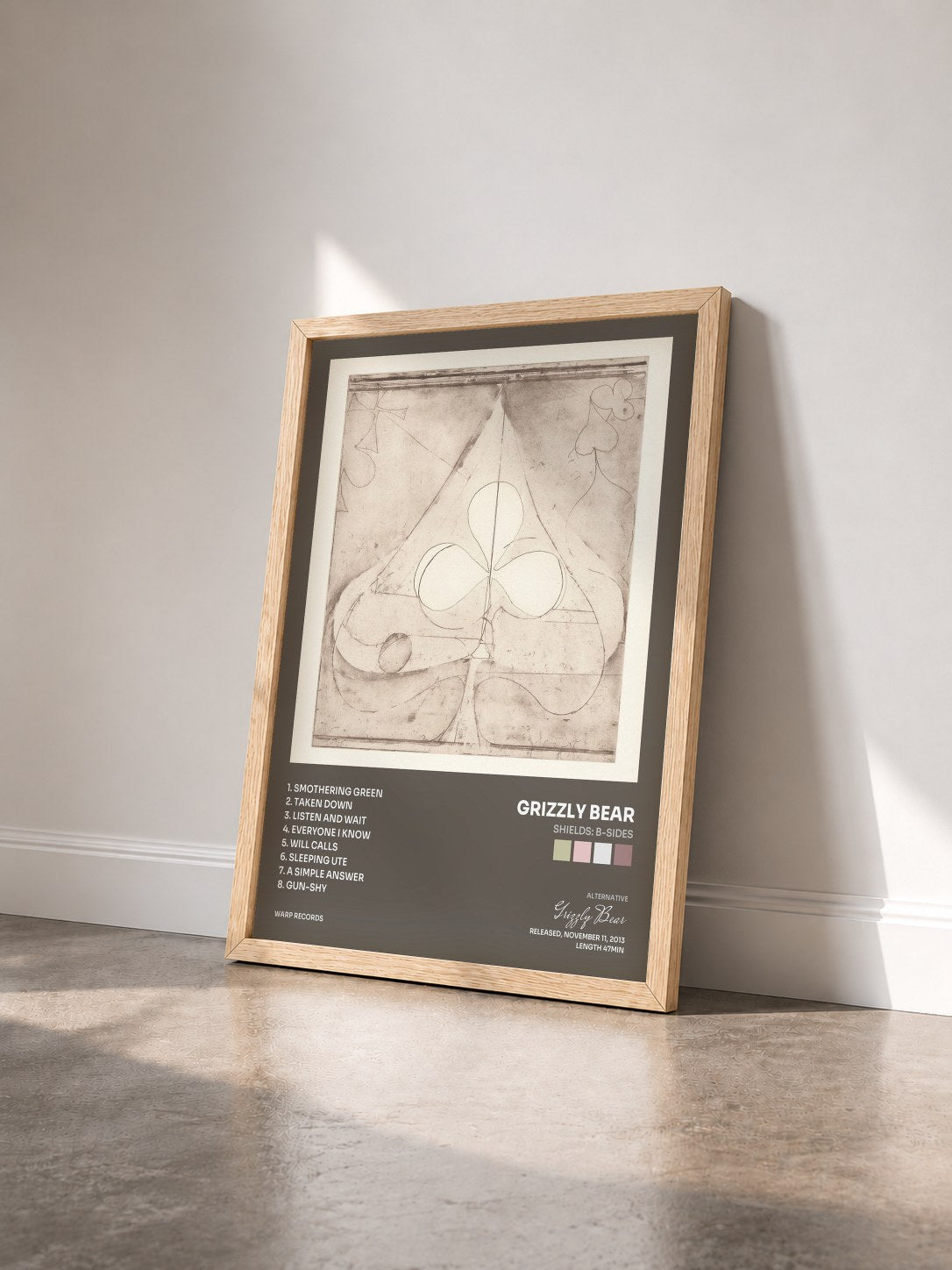 #bois Tableau de l'album Shields: B-Sides de Grizzly Bear vu de trois quarts, cadre en bois brut