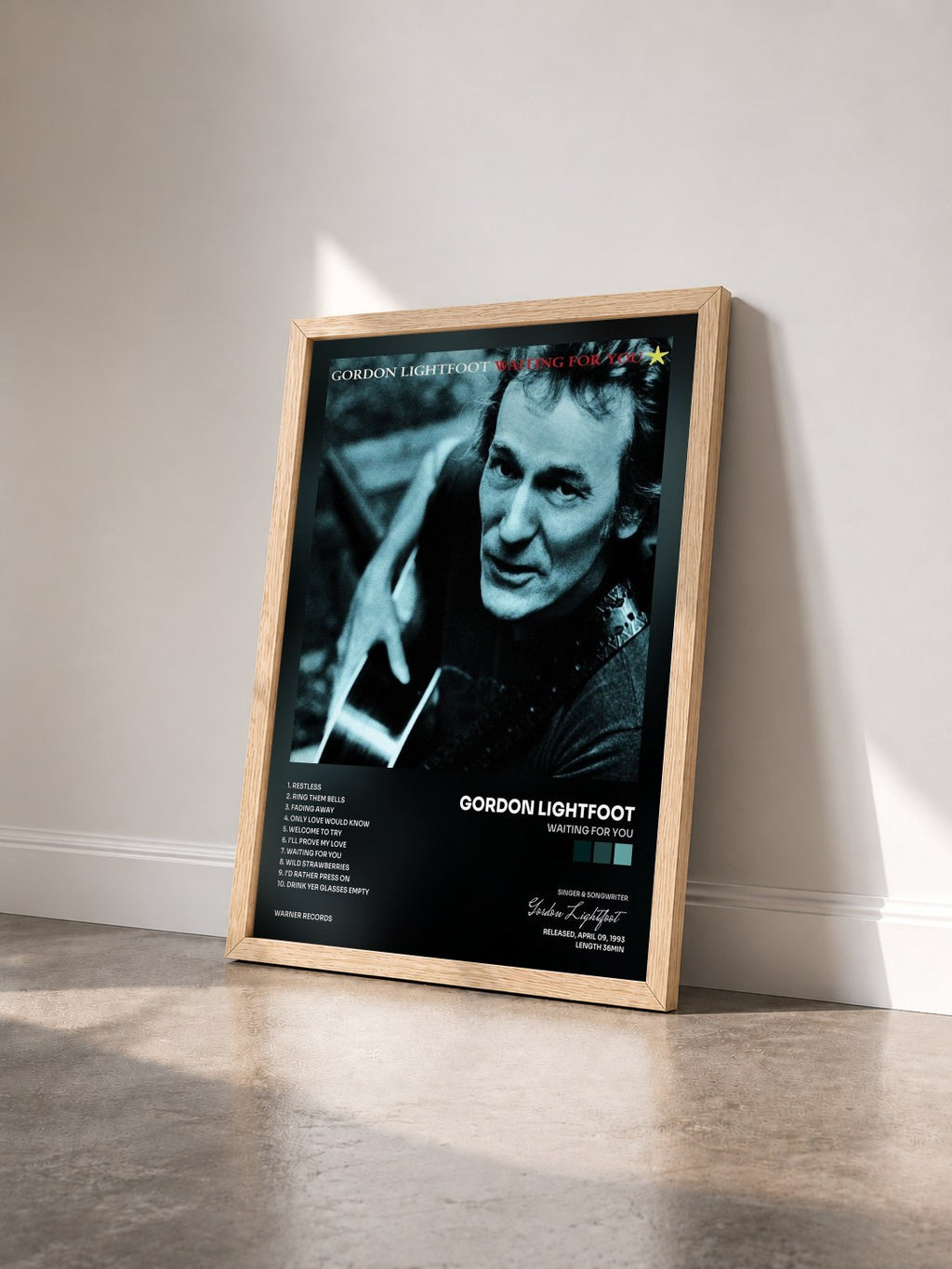 #bois Tableau de l'album Waiting for You de Gordon Lightfoot vu de trois quarts, cadre en bois brut