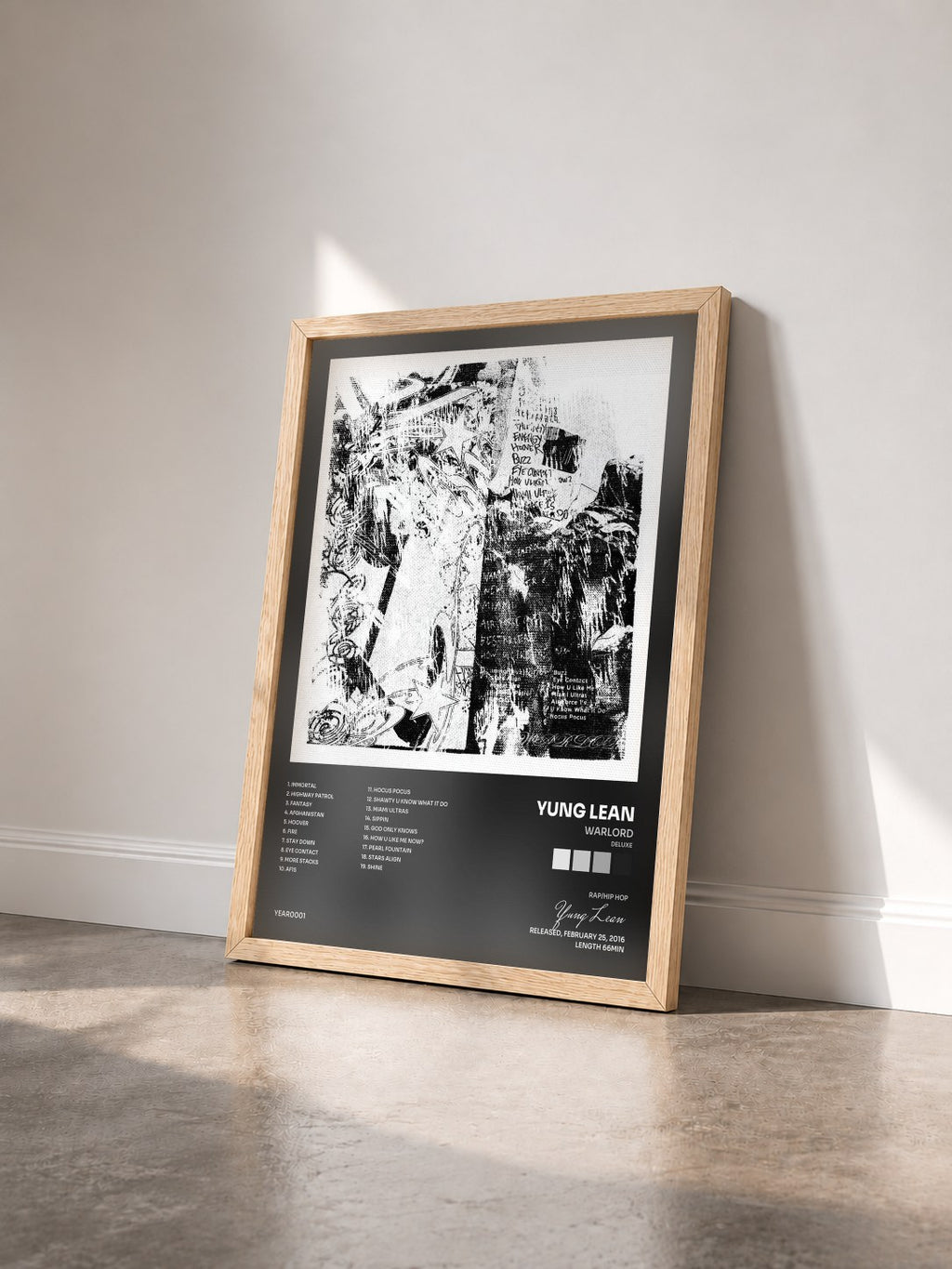 #bois Tableau de l'album Warlord (Deluxe) de Yung Lean vu de trois quarts, cadre en bois brut