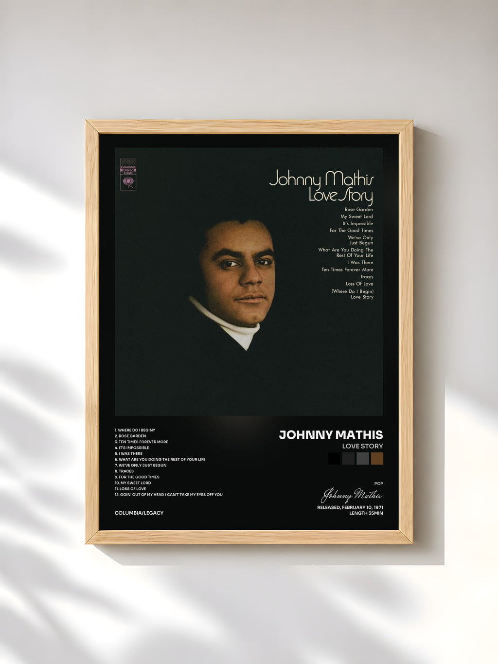 #bois Tableau de l'album Love Story de Johnny Mathis, cadre en bois brut, imprimé et encadré en France