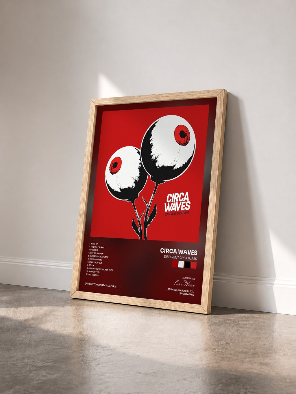 #bois Tableau de l'album Different Creatures de Circa Waves vu de trois quarts, cadre en bois brut