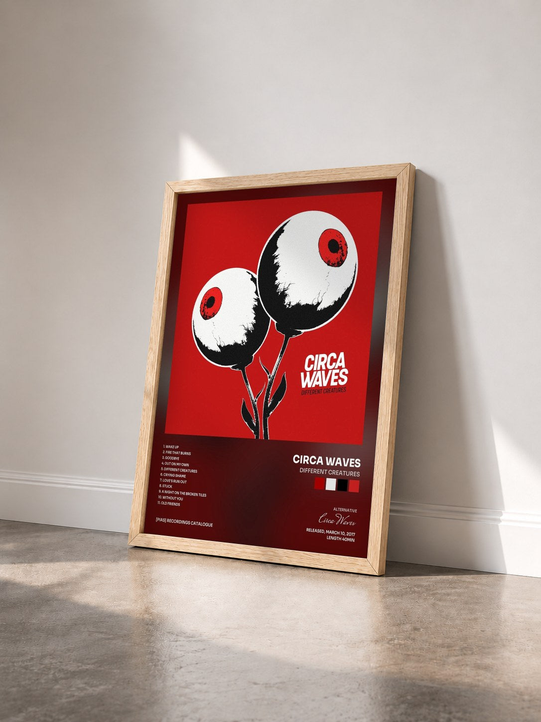 #bois Tableau de l'album Different Creatures de Circa Waves vu de trois quarts, cadre en bois brut