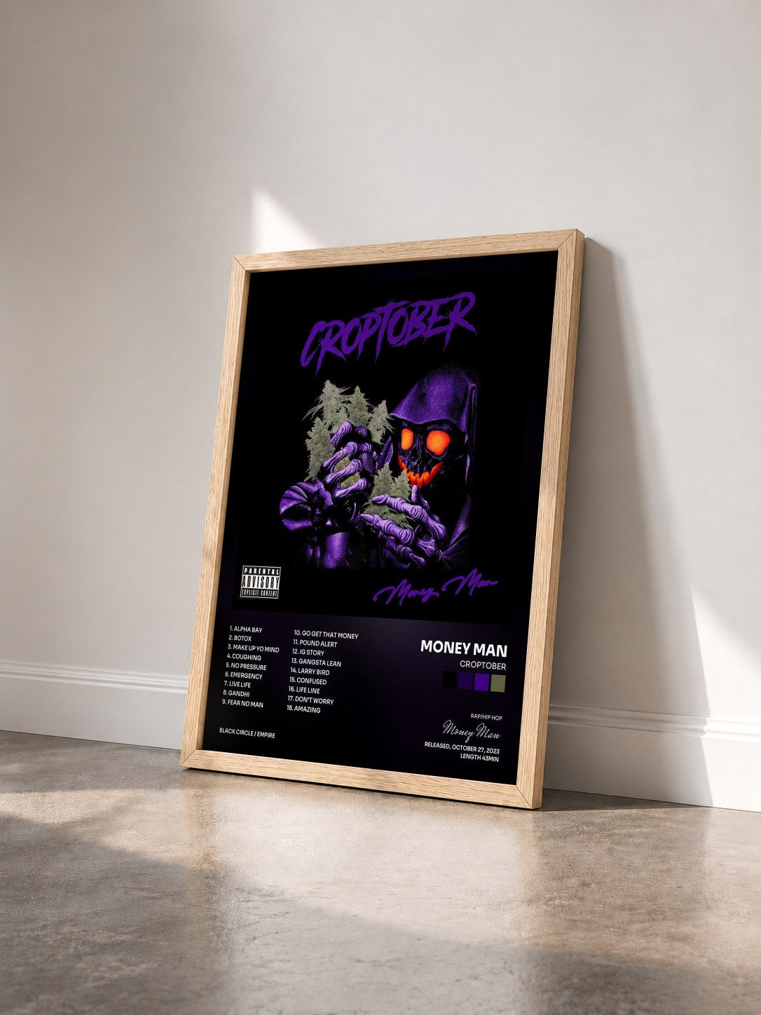 #bois Tableau de l'album CROPTOBER de Money Man vu de trois quarts, cadre en bois brut
