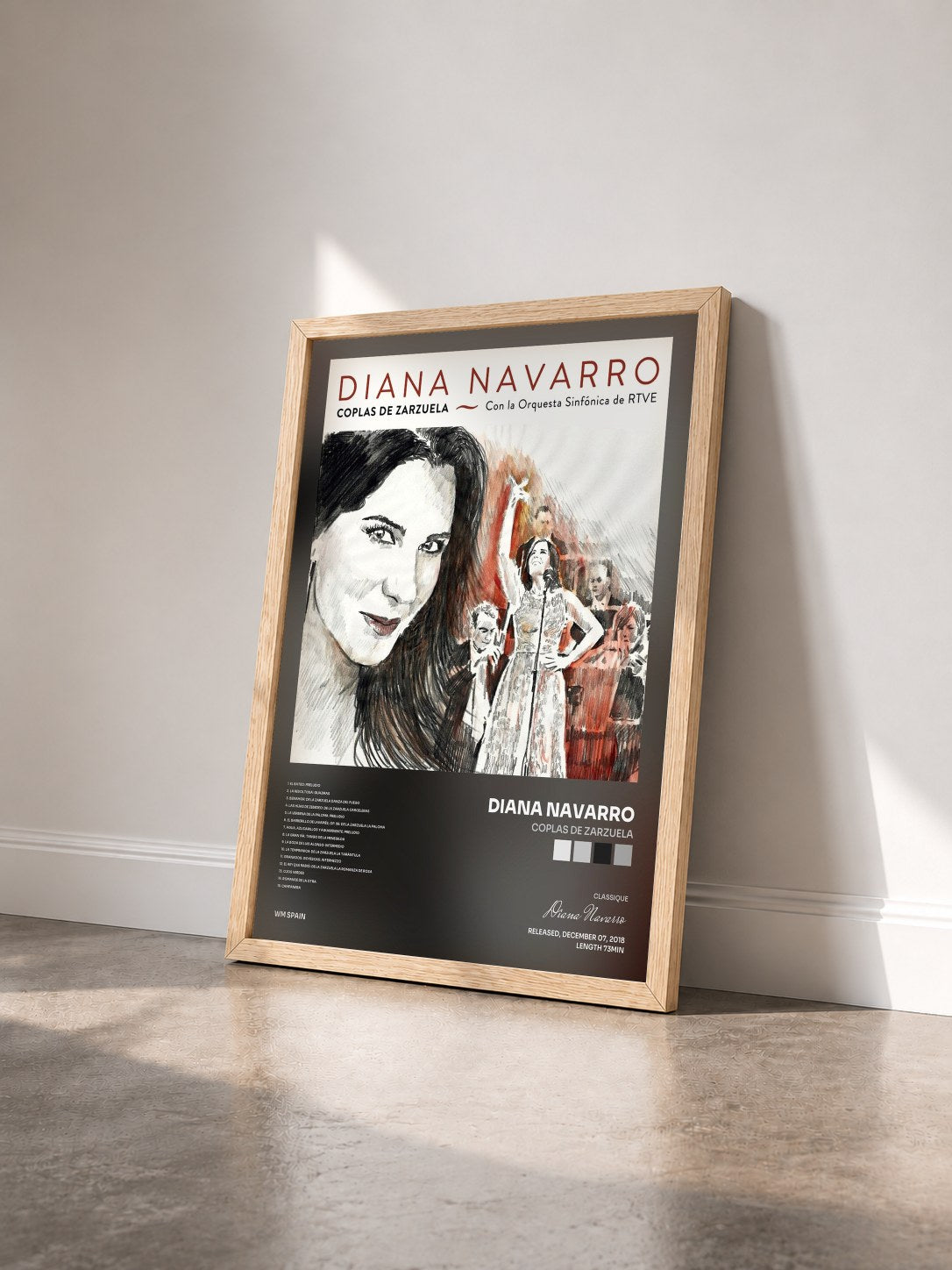 #bois Tableau de l'album Coplas de Zarzuela de Diana Navarro vu de trois quarts, cadre en bois brut
