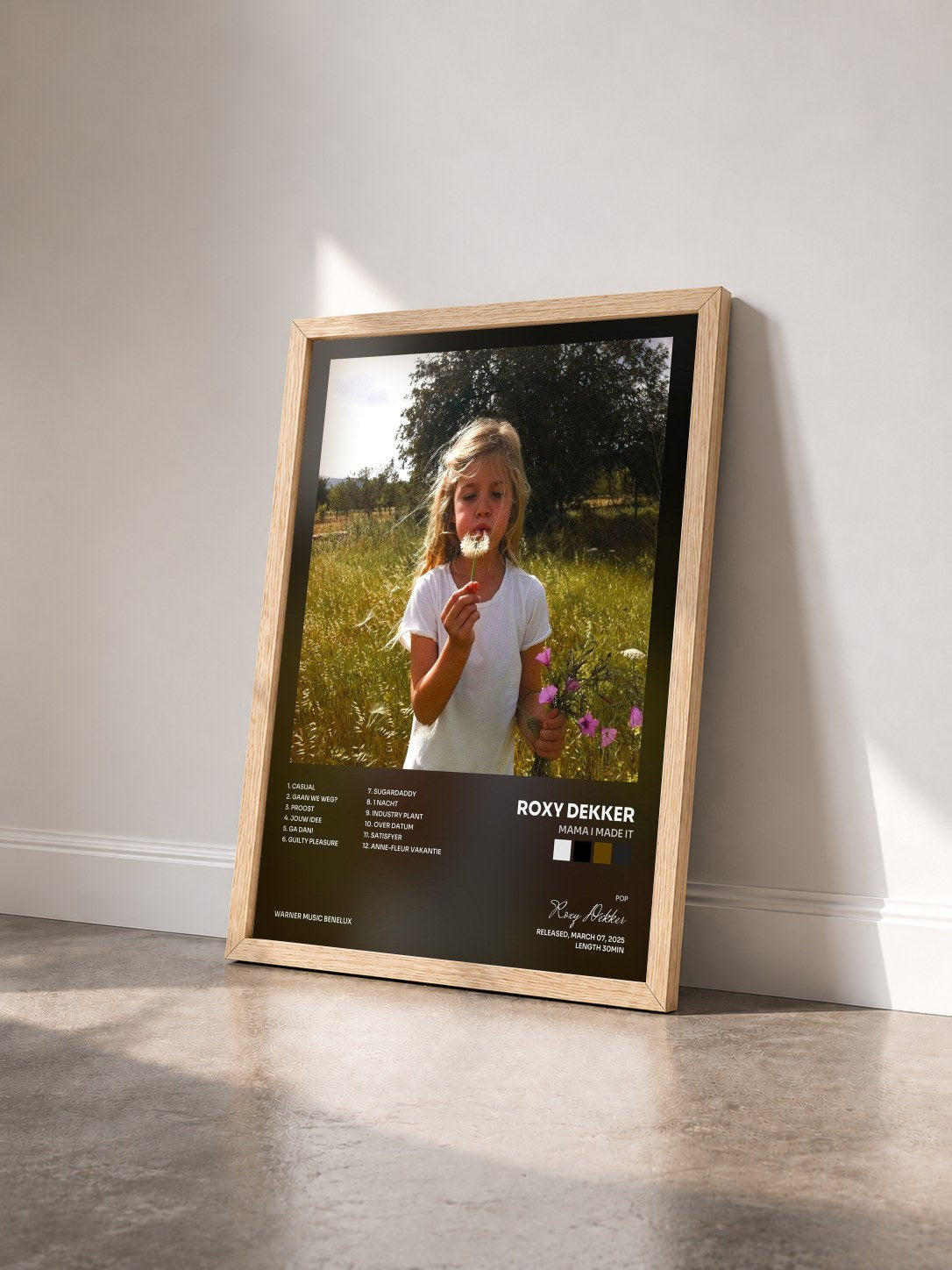 #bois Tableau de l'album Mama I Made It de Roxy Dekker vu de trois quarts, cadre en bois brut