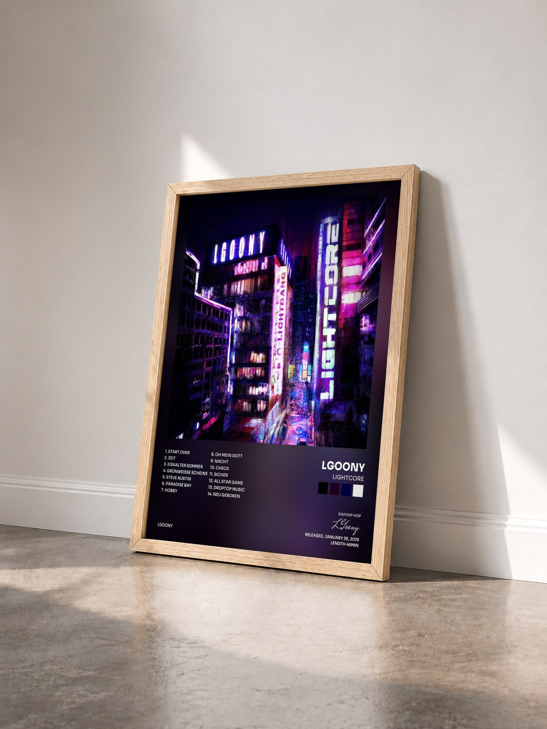 #bois Tableau de l'album Lightcore de LGoony vu de trois quarts, cadre en bois brut