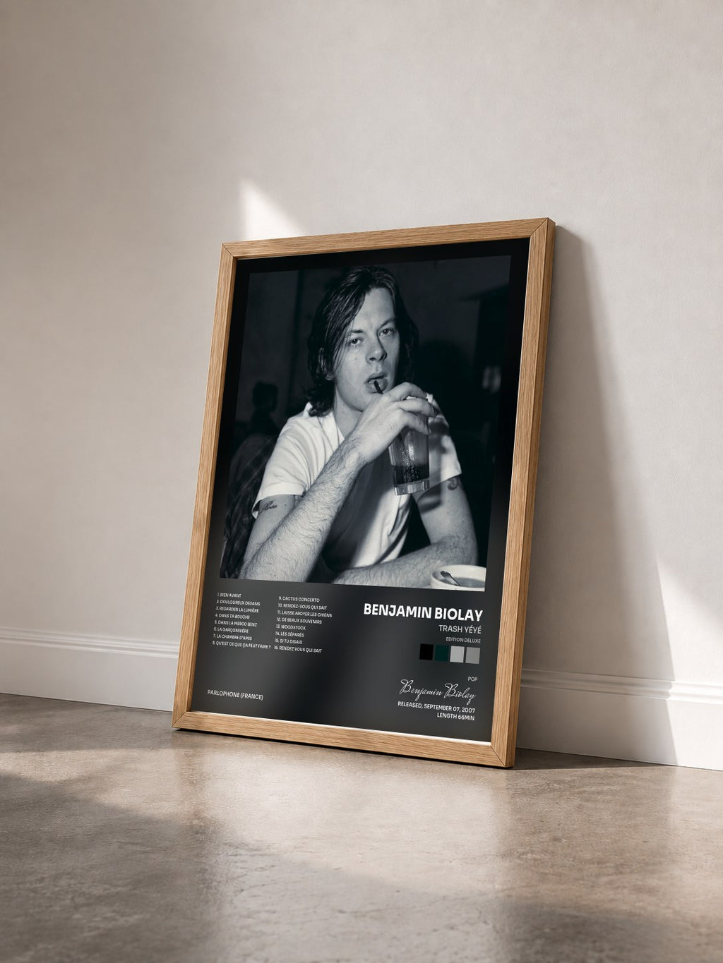 #bois Tableau de l'album Trash yéyé (Edition Deluxe) de Benjamin Biolay vu de trois quarts, cadre en bois brut