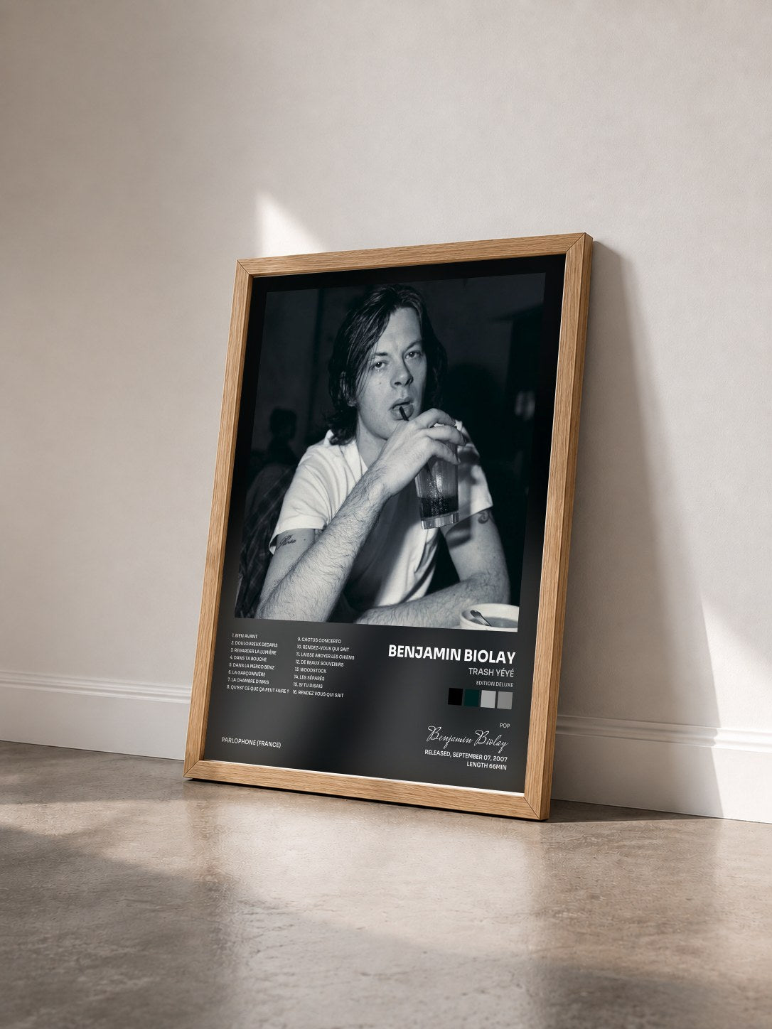 #bois Tableau de l'album Trash yéyé (Edition Deluxe) de Benjamin Biolay vu de trois quarts, cadre en bois brut