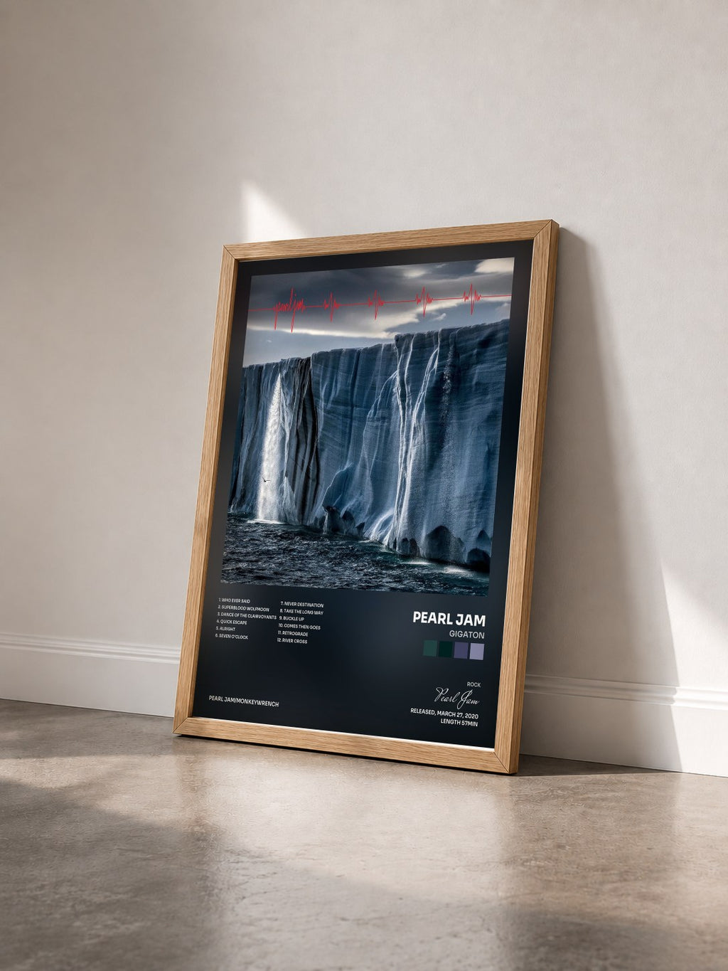 #bois Tableau de l'album Gigaton de Pearl Jam vu de trois quarts, cadre en bois brut