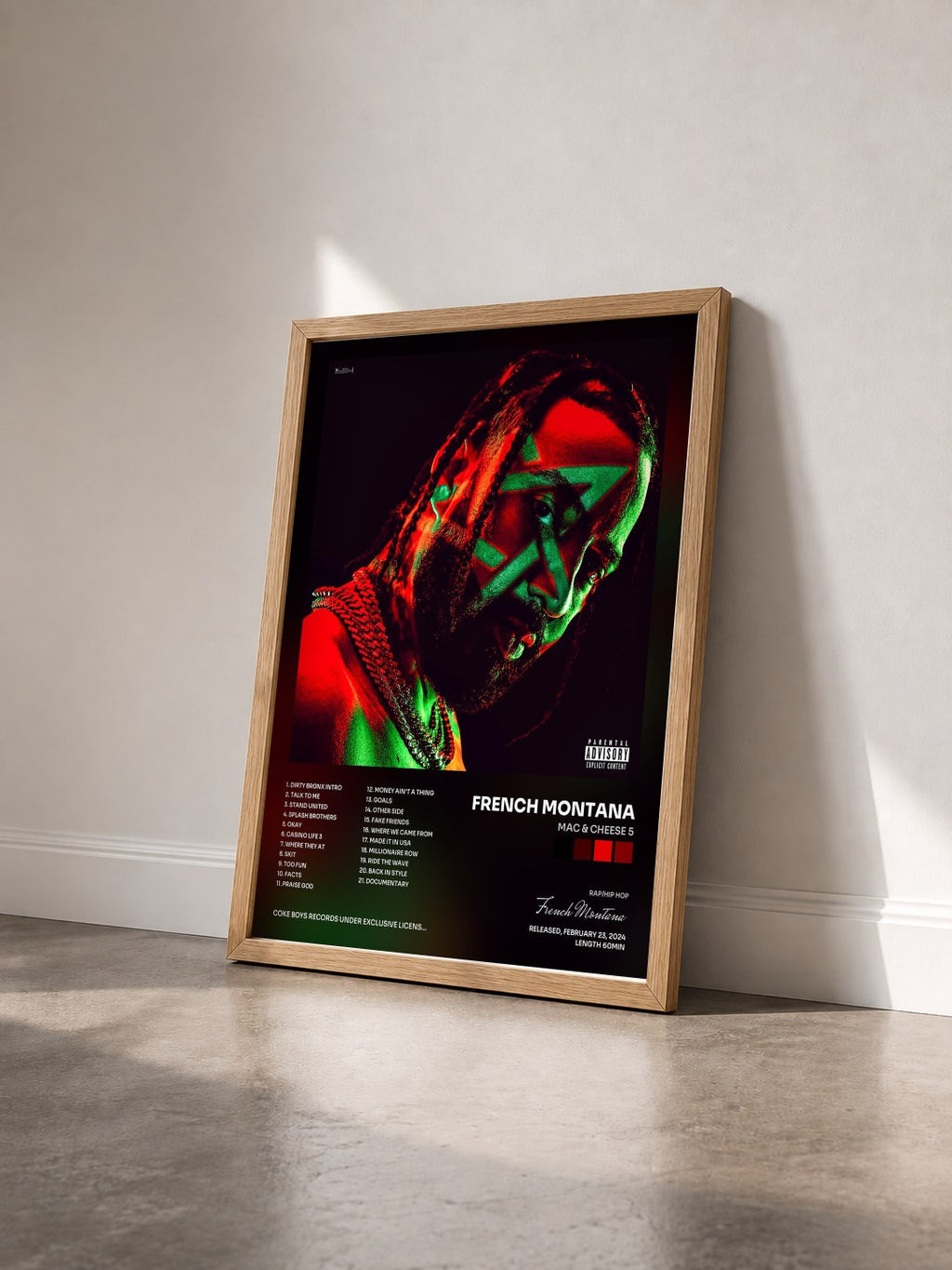 #bois Tableau de l'album Mac & Cheese 5 de French Montana vu de trois quarts, cadre en bois brut
