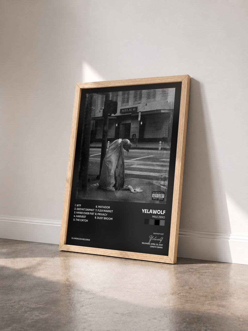 #bois Tableau de l'album Mile Zero de Yelawolf vu de trois quarts, cadre en bois brut