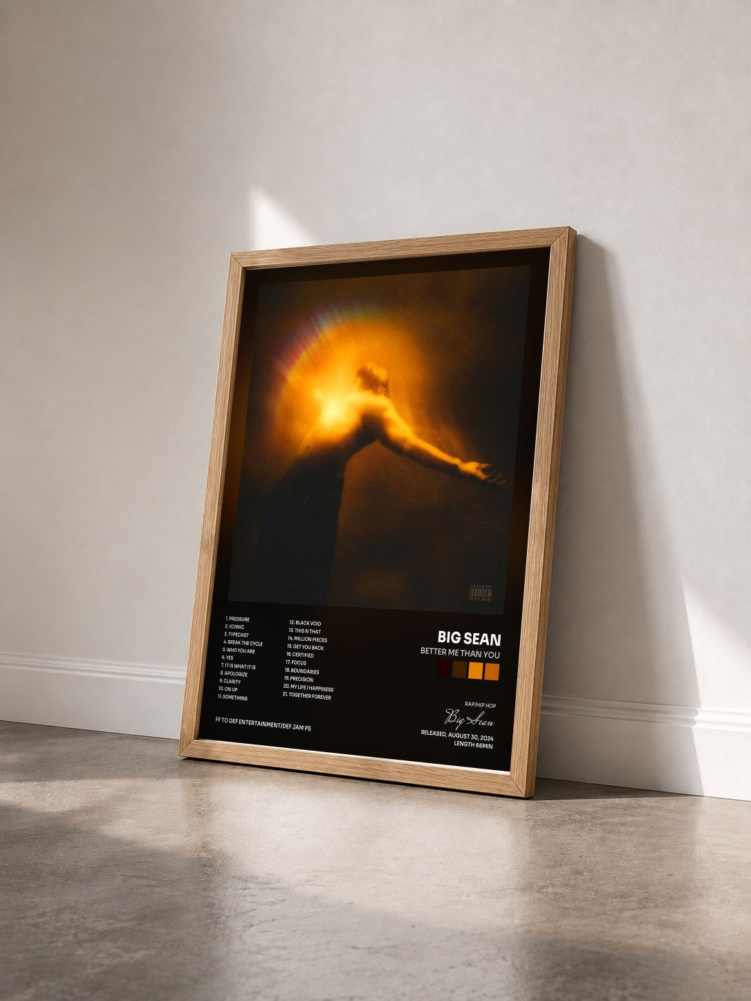 #bois Tableau de l'album Better Me Than You de Big Sean vu de trois quarts, cadre en bois brut